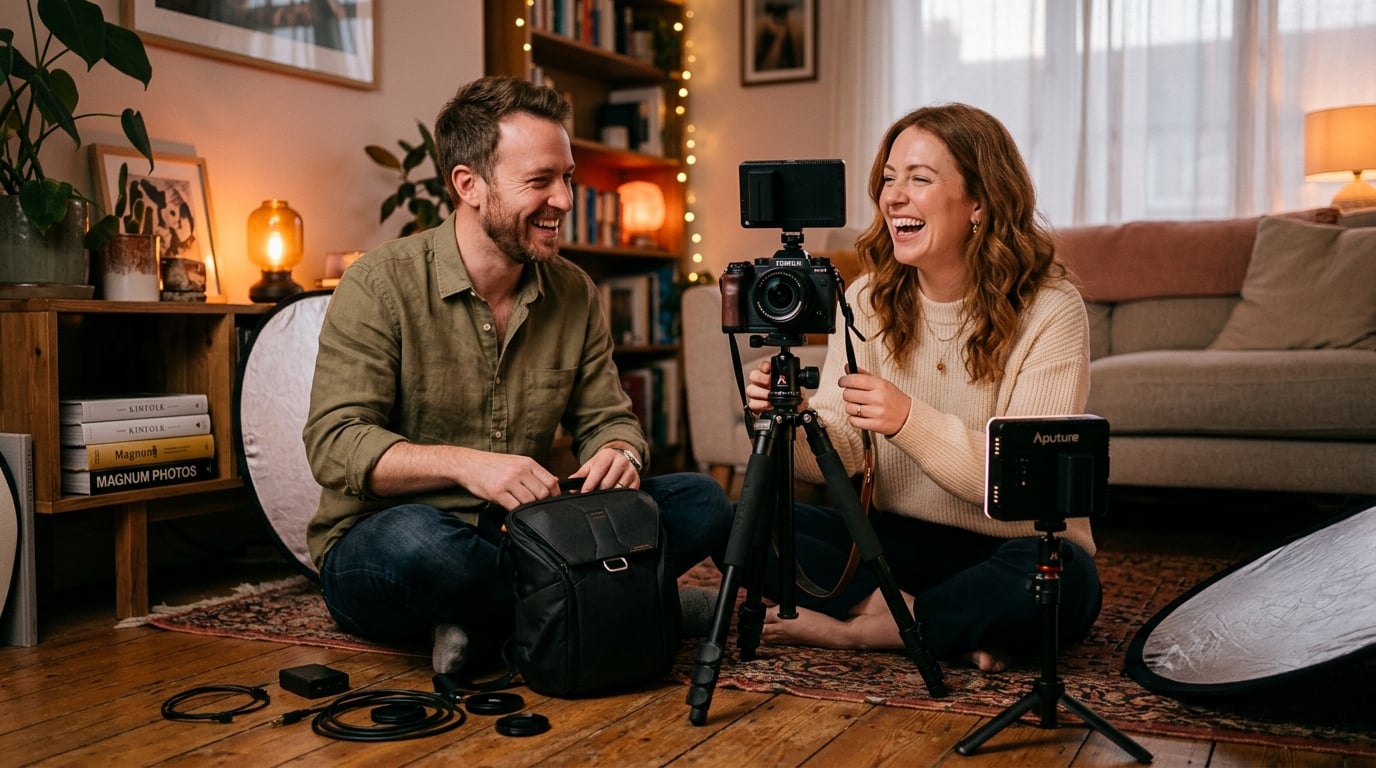 Married couple laughing together while photographing at home, warm intimate atmosphere